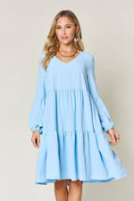 DOUBLE TAKE Full Size V-Neck Balloon Sleeve Tiered Dress at Bella Road