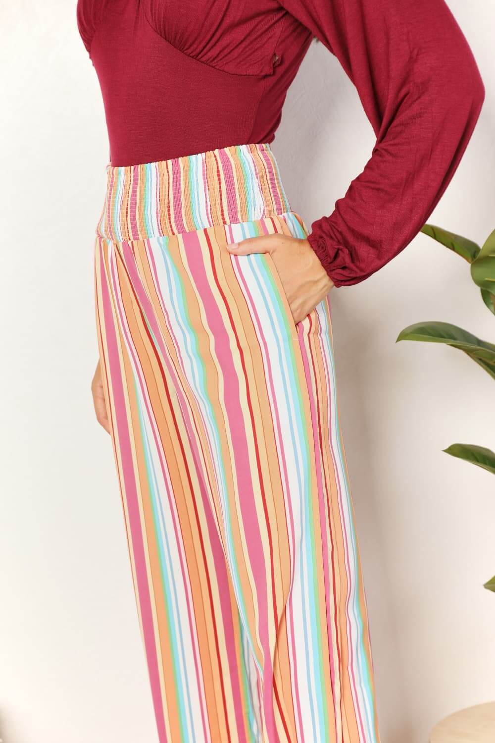 DOUBLE TAKE Striped Smocked Waist Pants with Pockets at Bella Road