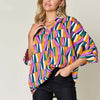 Geometric Notched Raglan Sleeve Blouse | Full Size - Purple