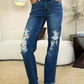 Full Size Mid Rise Distressed Raw Hem Judy Blue Jeans with casual style and comfortable fit.