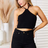 Halter Neck Ribbed Cropped Knit Top - Black