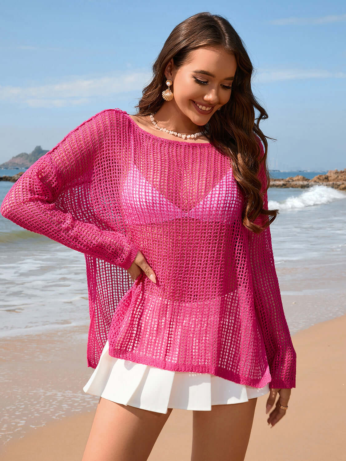 BELLA ROAD Openwork Slit Boat Neck Long Sleeve Cover-Up at Bella Road