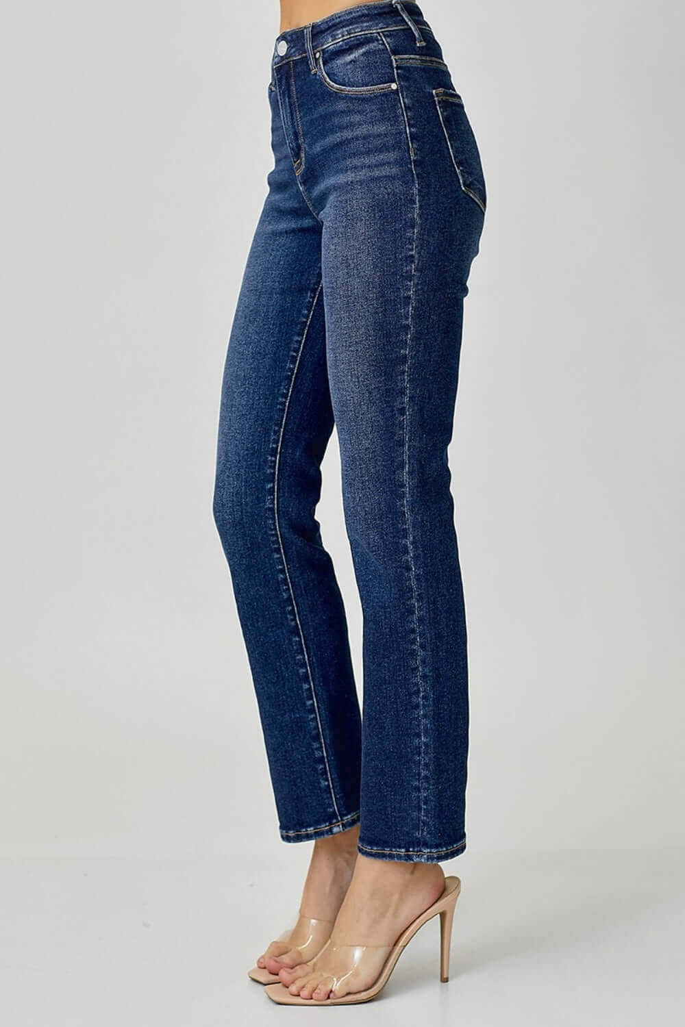 High Waist Straight Risen Jeans offering a polished appearance with sleek straight leg cut, perfect for versatile styling options.