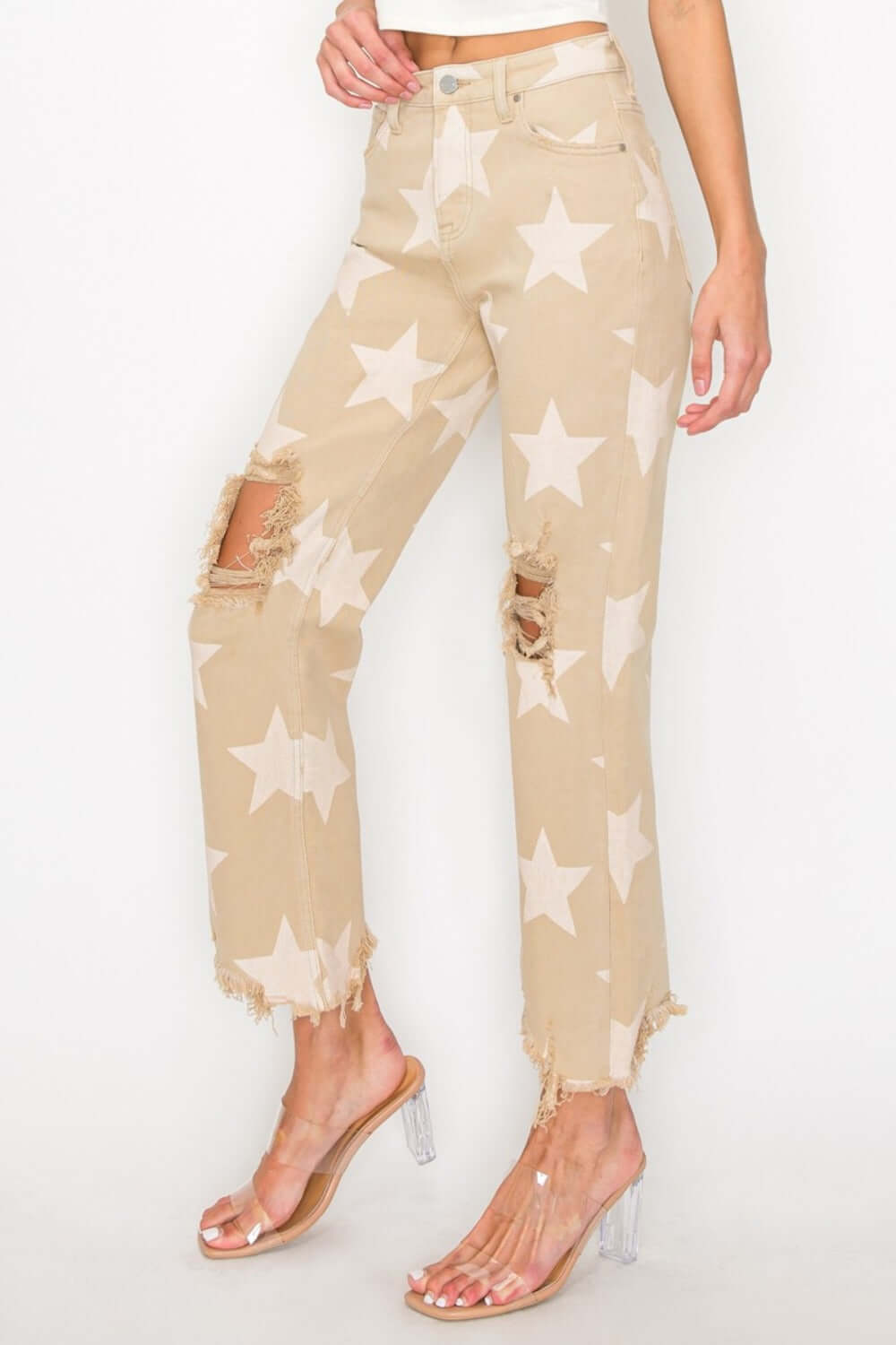 High Rise Star Printed Frayed Hem Jeans with Trendy Design and Edgy Style