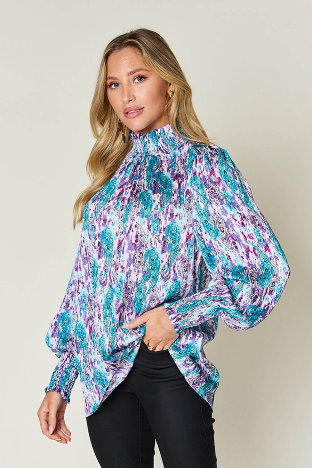 DOUBLE TAKE Full Size Printed Smocked Long Sleeve Blouse at Bella Road