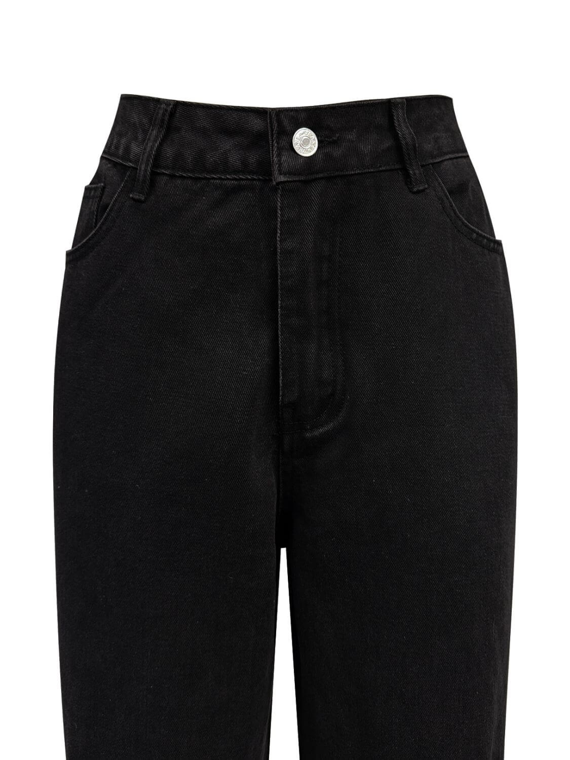 Bella Road Denim Pocketed High Rise Jeans in sleek black with button closure and stylish pockets, perfect for any casual outfit.