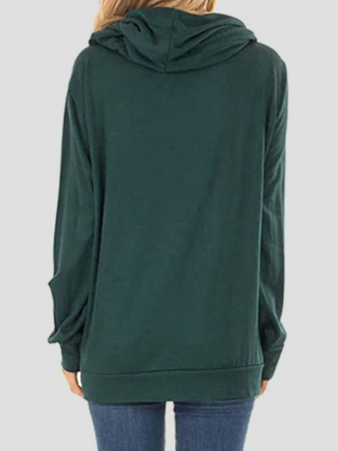 Back view of Bella Road Drawstring Letter Graphic Long Sleeve Hoodie in green, slightly stretchy and made of rayon, polyester, and spandex.