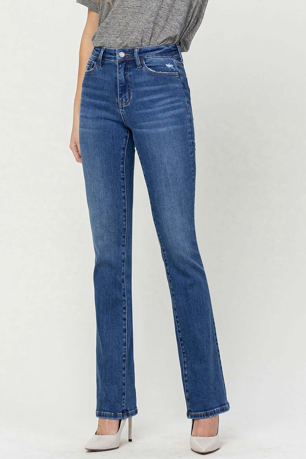 High Waist Bootcut Jeans in blue denim offering a slimming effect and elongating legs, perfect for casual and formal occasions.