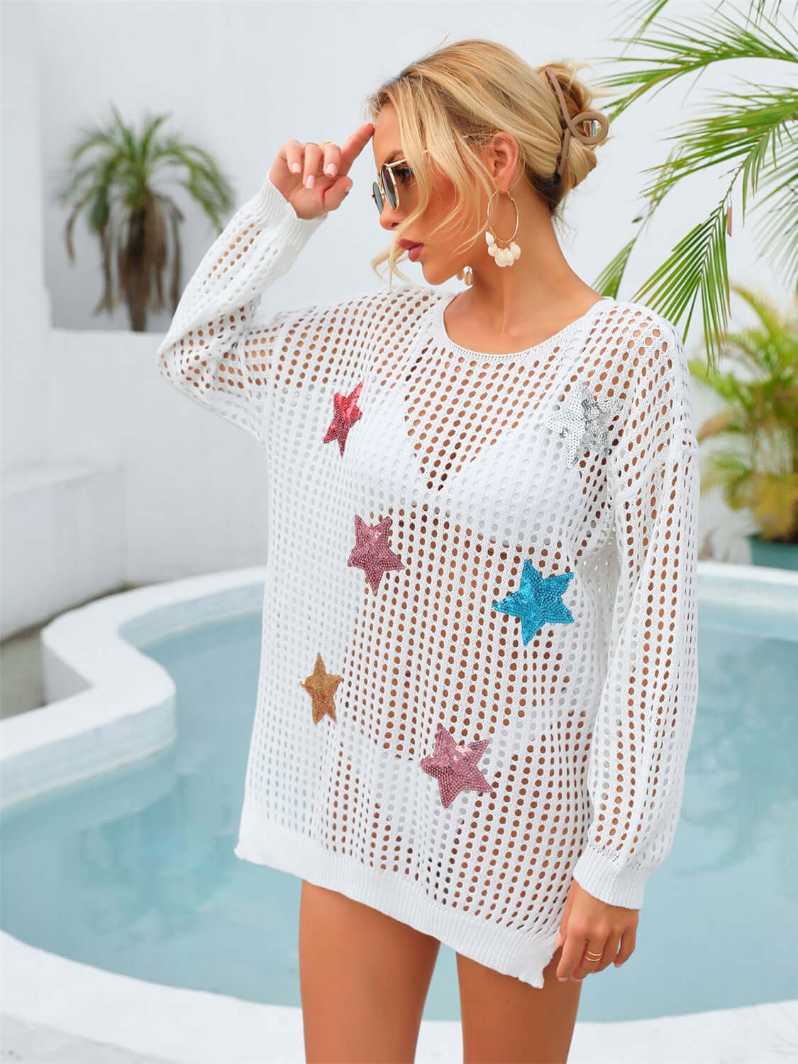 BELLA ROAD Sequin Star Round Neck Long Sleeve Cover Up at Bella Road