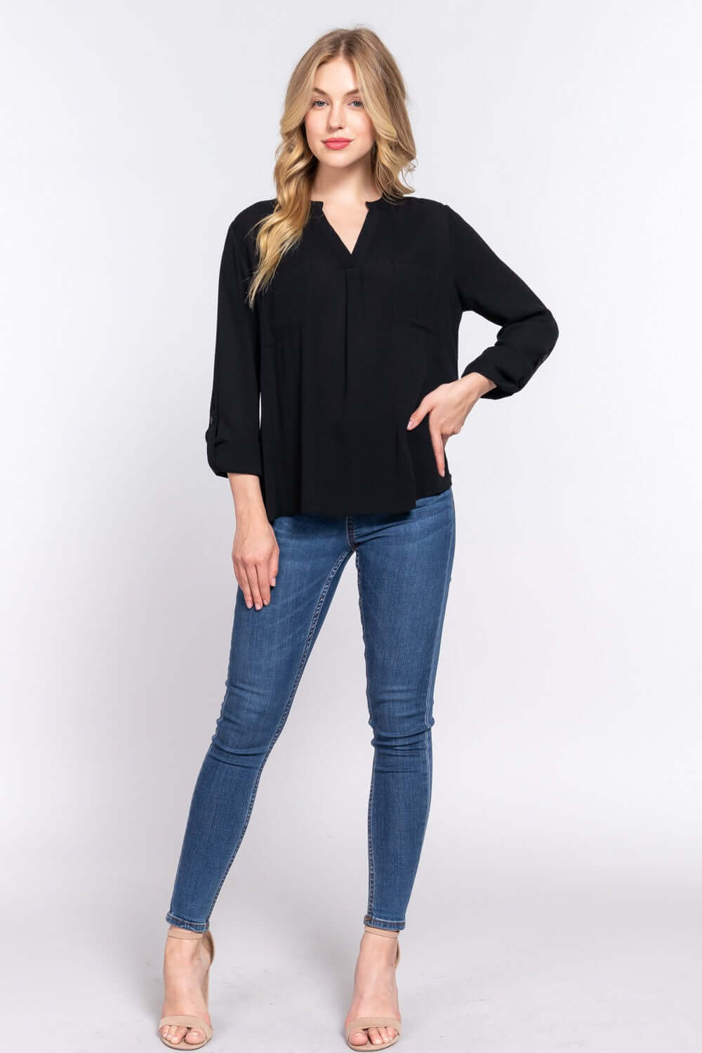 ACTIVE BASIC Full Size Notched Long Sleeve Woven Top at Bella Road