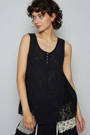 Black crochet lace tank top with button details and round neck, perfect for summer layering.