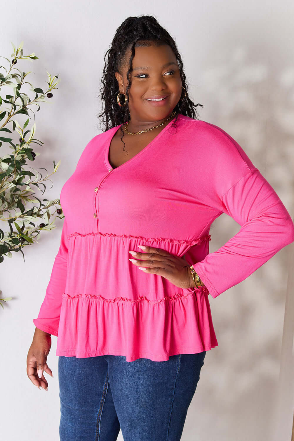 DOUBLE TAKE Half Button Long Sleeve Ruffle Hem Blouse at Bella Road