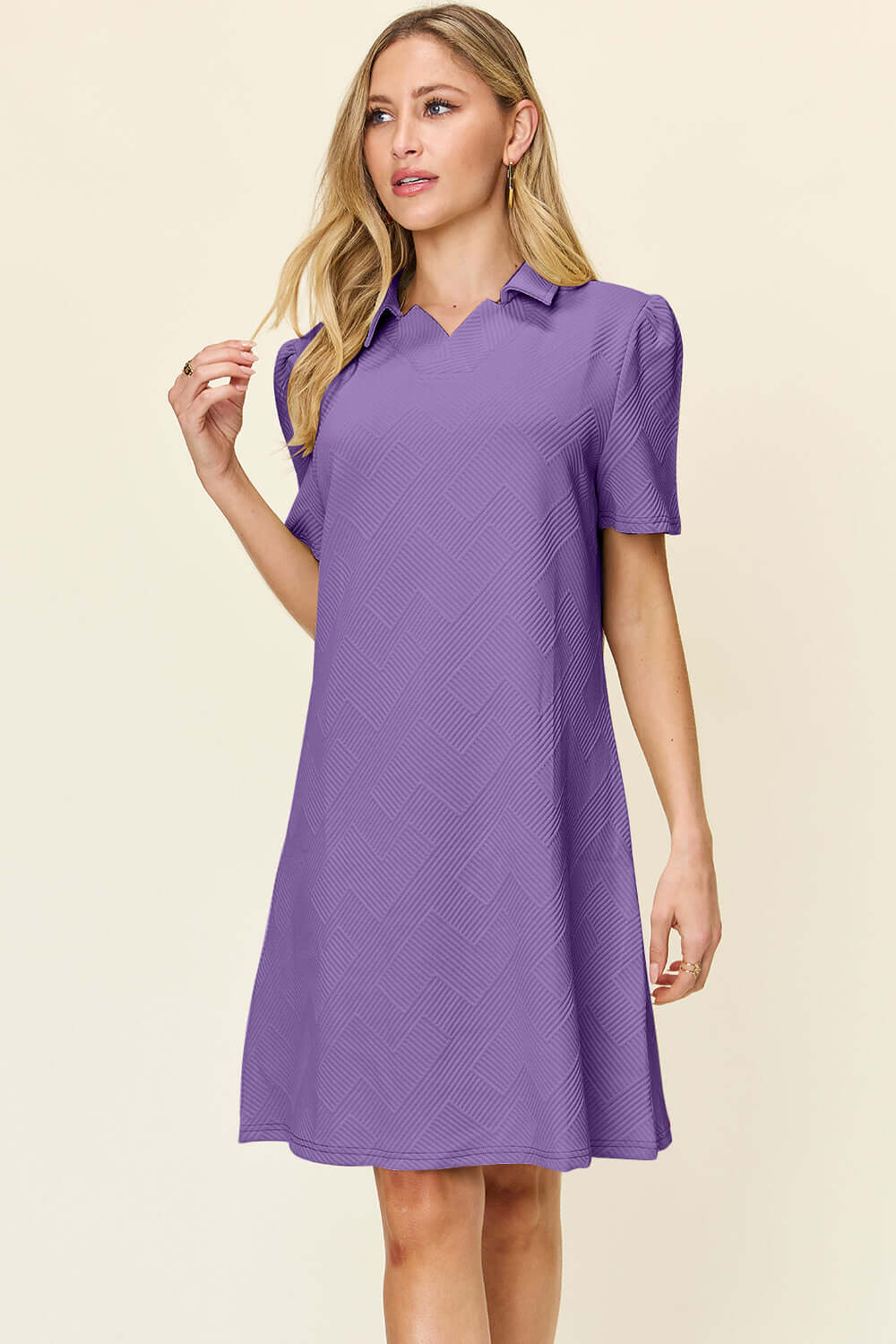 DOUBLE TAKE Full Size Texture Collared Neck Short Sleeve Dress at Bella Road