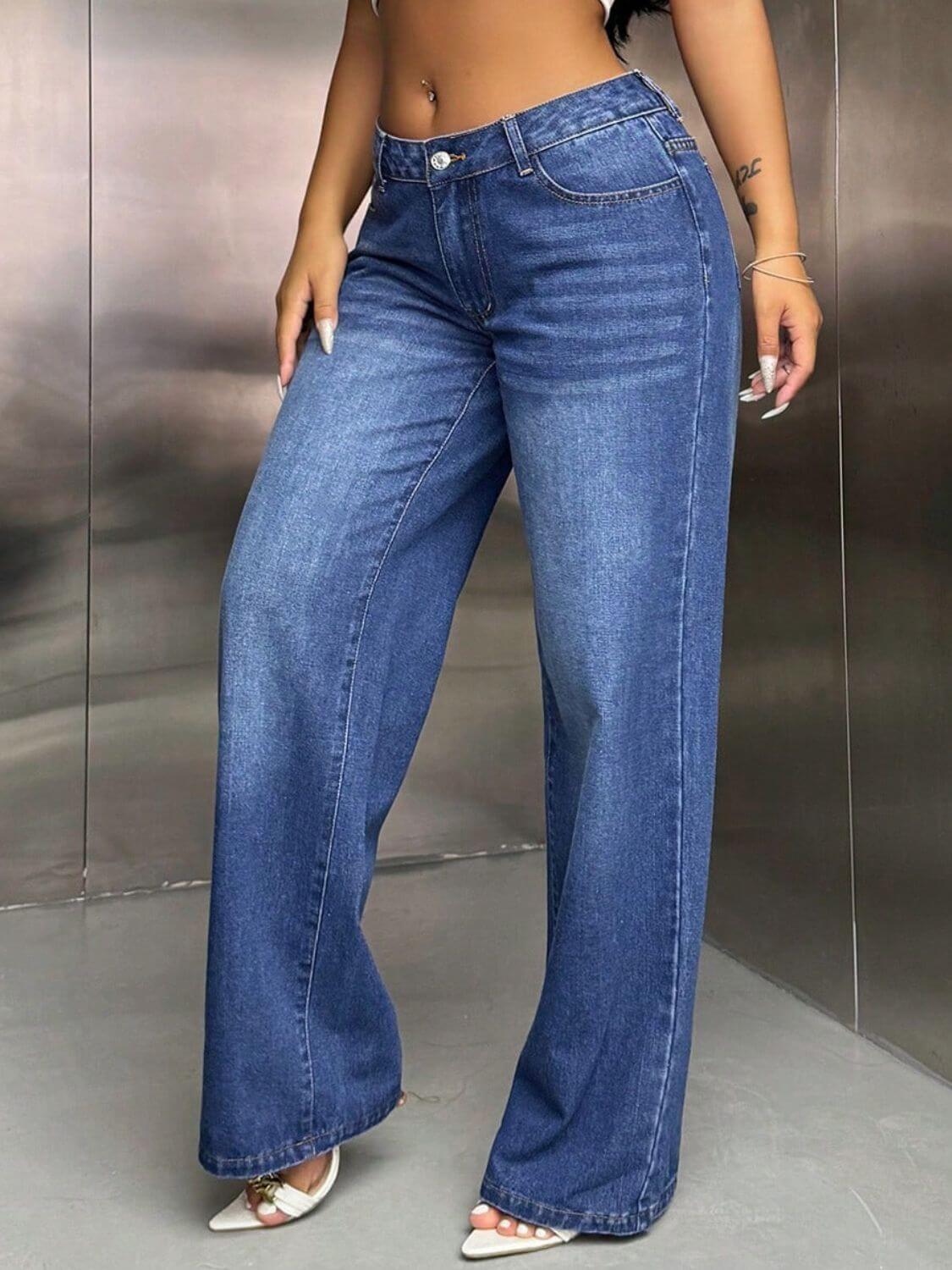 Woman wearing stylish wide leg jeans with pockets, showcasing comfortable and fashion-forward denim.