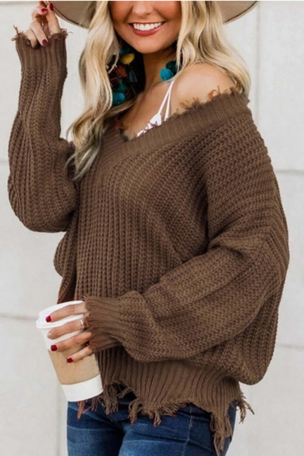 Cozy Bella Road Sweater with Frayed Hem and Dropped Shoulders, Perfect for a Playful, Stylish Look