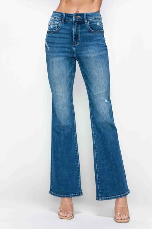 Full size high rise bootcut jeans in blue denim, featuring stylish pockets and a flattering fit for versatile outfits.