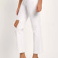 White distressed cropped straight jeans with knee rip and transparent heels, showcasing trendy and versatile denim fashion.