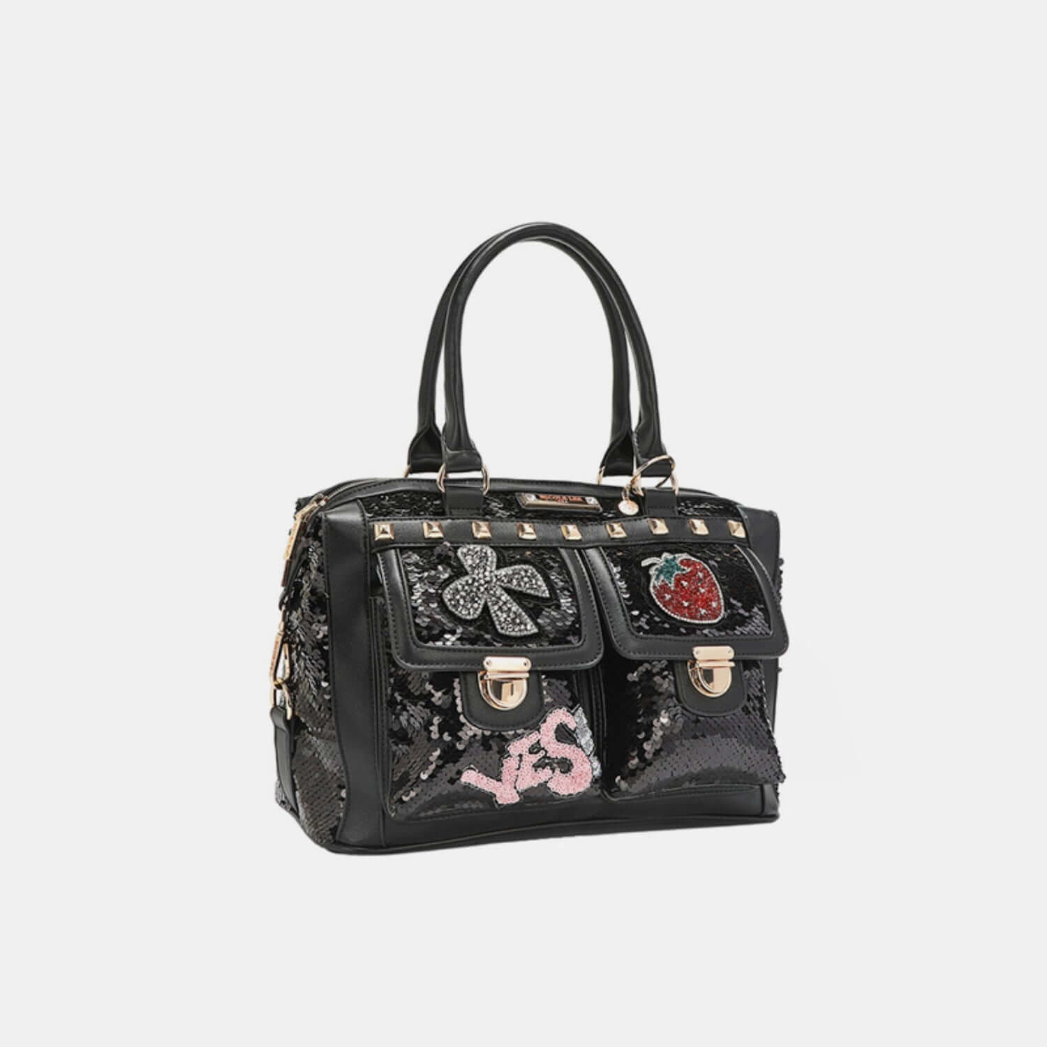 Nicole Lee USA Sequin Patch Boston Bag with vegan leather, stylish sequins, and rolled dual top handles on a white background.