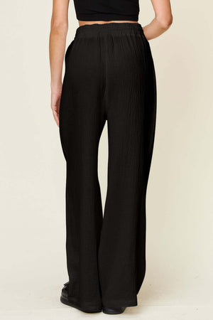 DOUBLE TAKE Full Size Texture Drawstring Wide Leg Pants at Bella Road