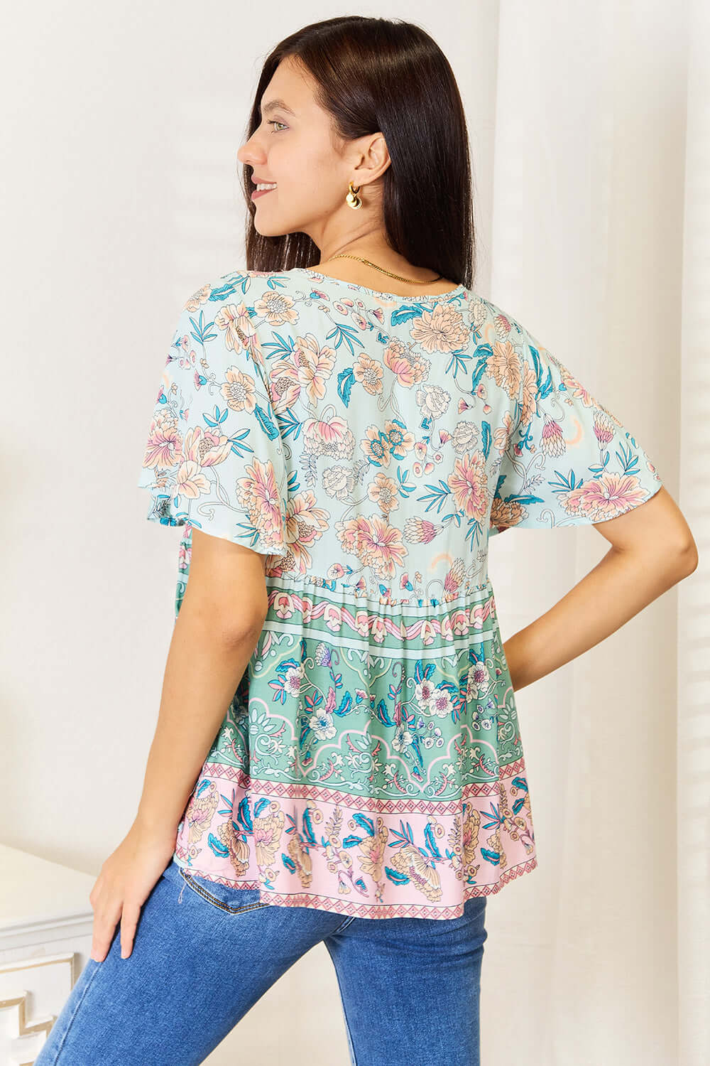 DOUBLE TAKE Floral Tie Neck Short Sleeve Blouse at Bella Road