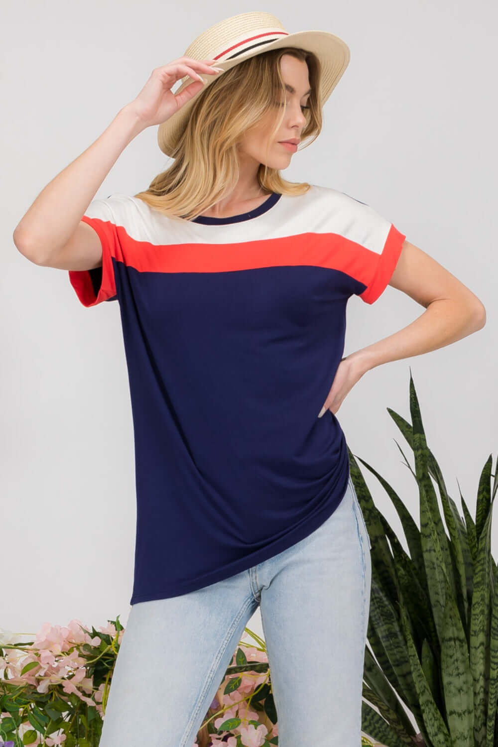 CELESTE Full Size Color Block Round Neck Short Sleeve T-Shirt at Bella Road