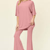 Round Neck Drop Shoulder T-Shirt and Flare Pants Set | Full Size - Dusty Pink