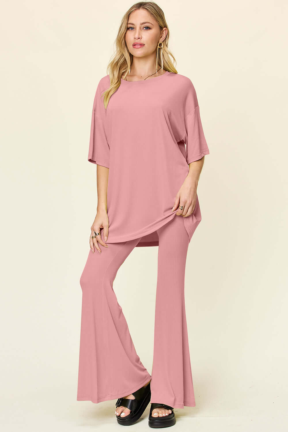 DOUBLE TAKE Full Size Round Neck Drop Shoulder T-Shirt and Flare Pants Set at Bella Road