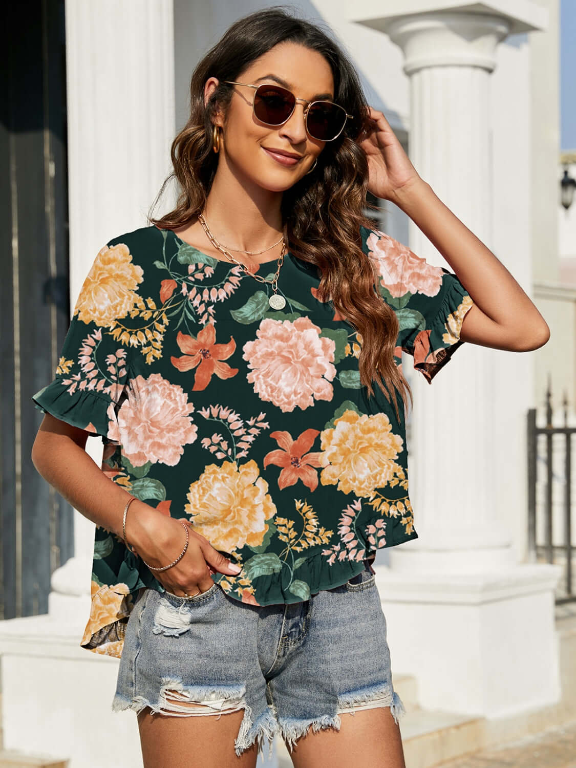 BELLA ROAD Floral Ruffled Short Sleeve Blouse at Bella Road