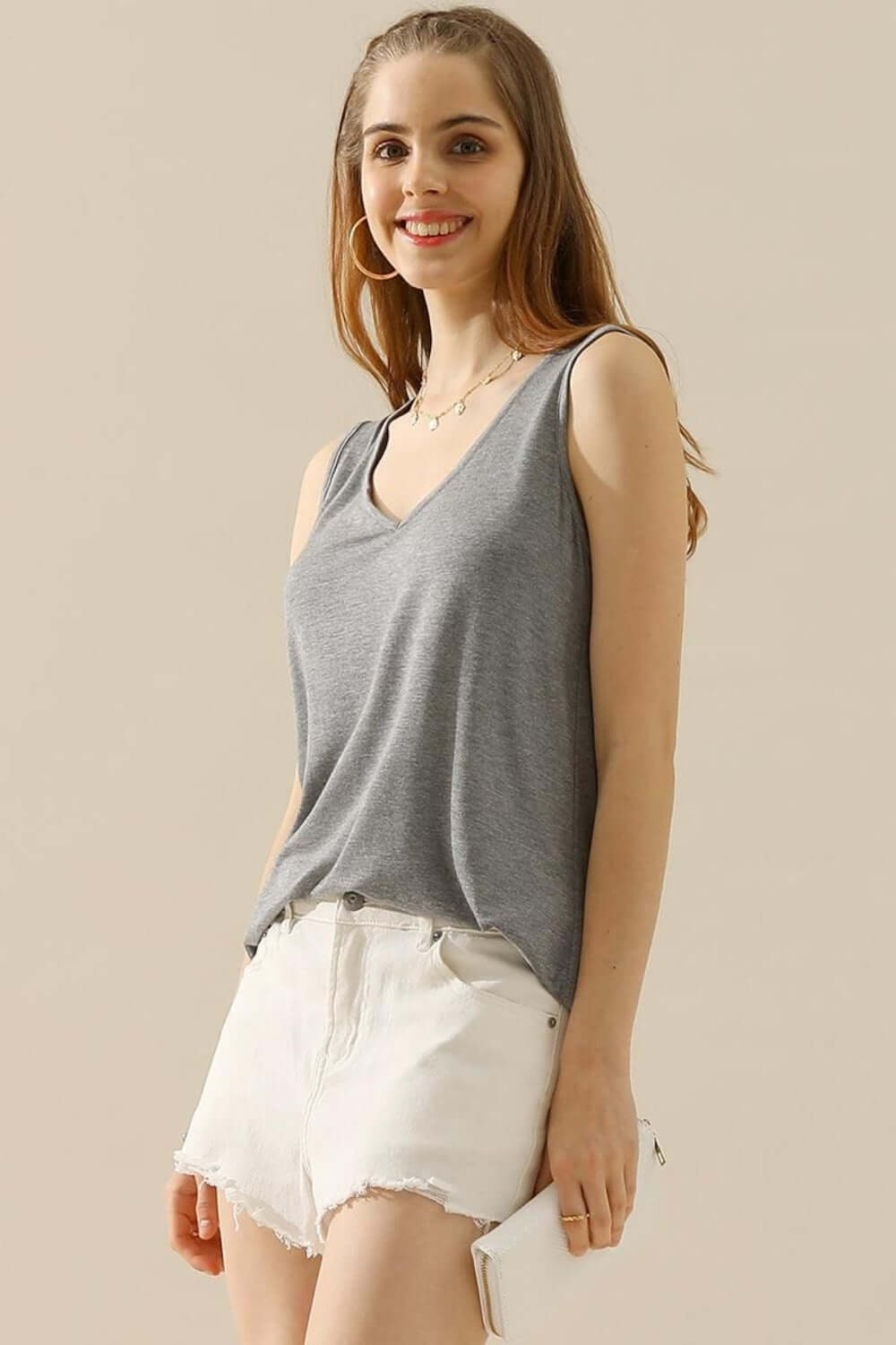 NINEXIS Full Size V-Neck Curved Hem Tank at Bella Road