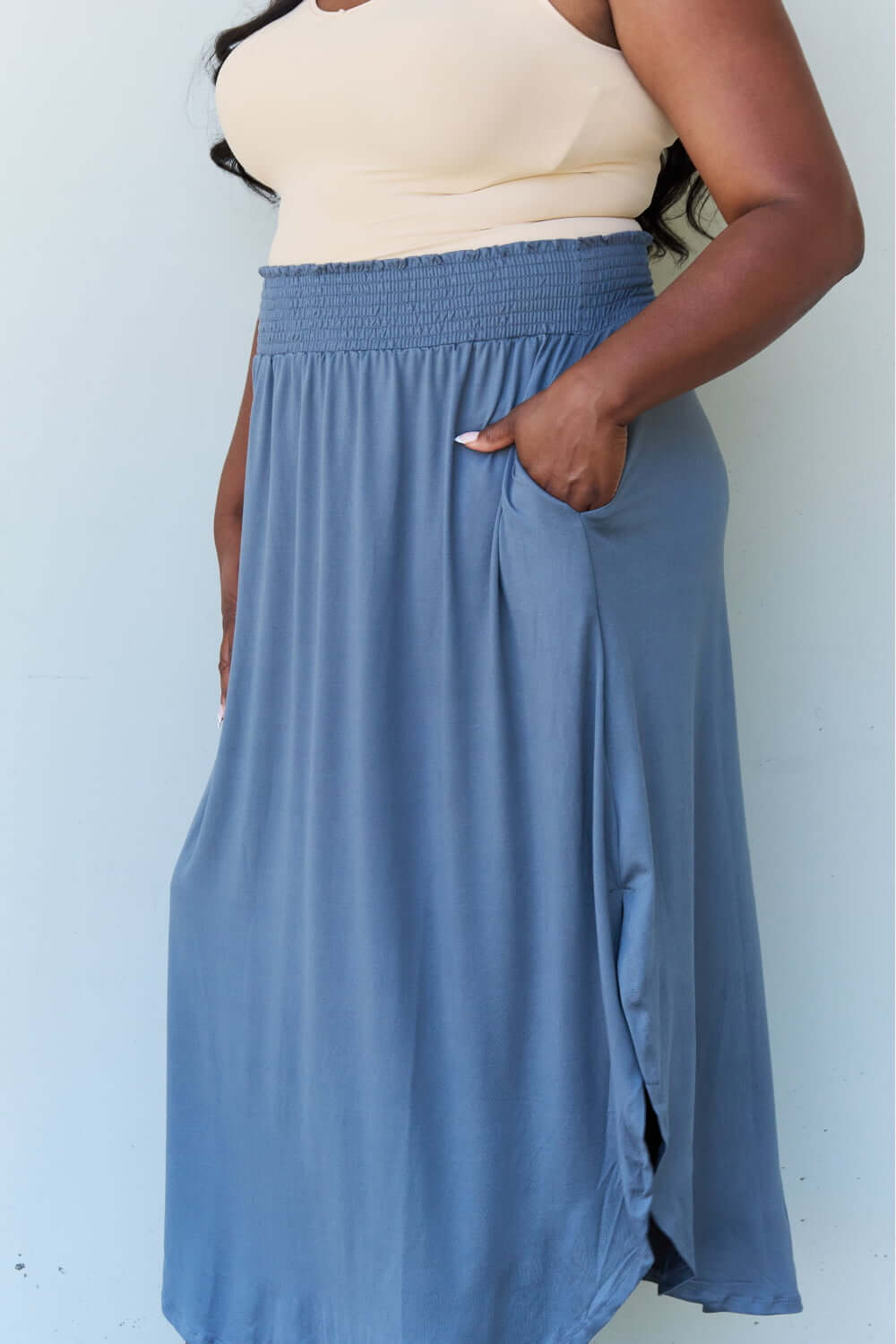 DOUBLJU Comfort Princess Full Size High Waist Scoop Hem Maxi Skirt in Dusty Blue at Bella Road