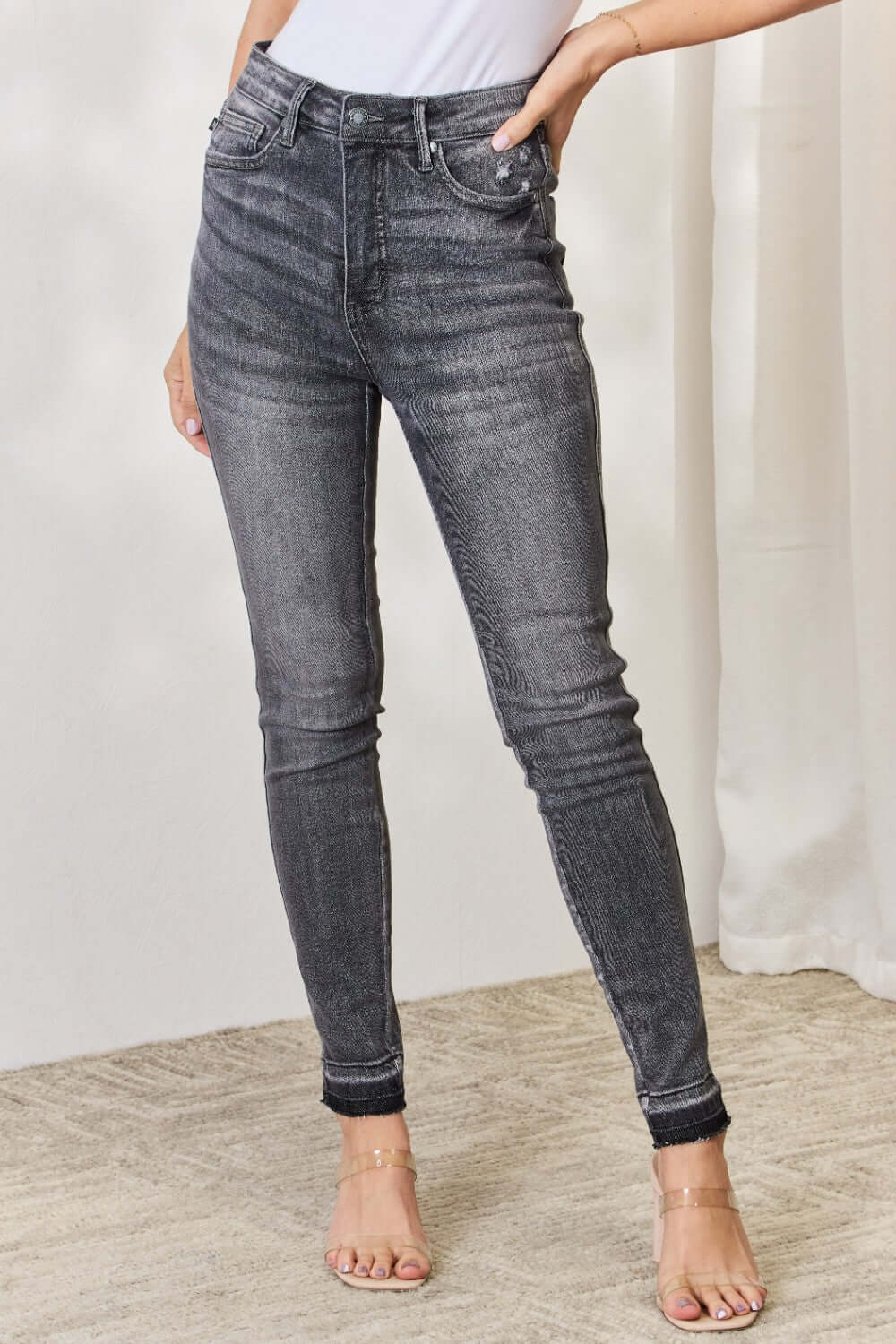 JUDY BLUE Full Size High Waist Tummy Control Release Hem Skinny Jeans at Bella Road