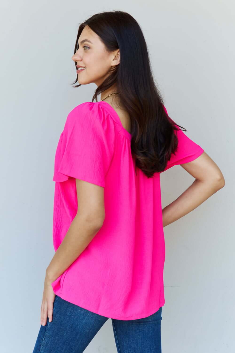 NINEXIS Keep Me Close Square Neck Short Sleeve Blouse in Fuchsia at Bella Road