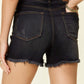 Woman wearing Judy Blue Jeans Tummy Control Fray Hem Shorts, rear view showing pocketed design and frayed hem details.