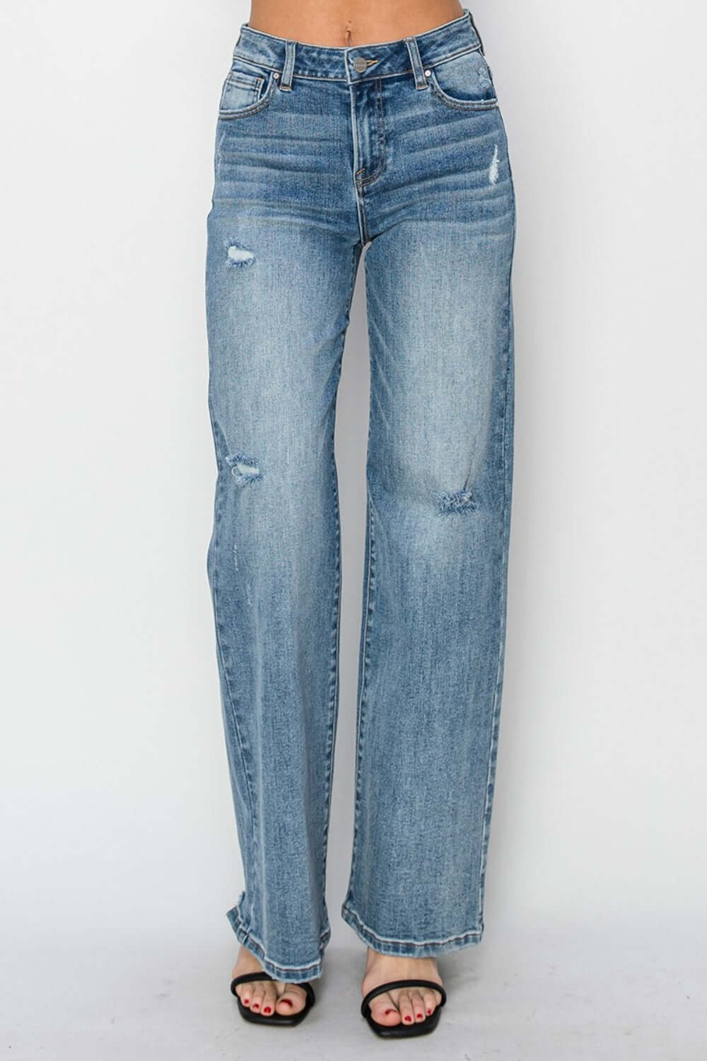 High Waist Distressed Wide Leg Risen Jeans with Edgy Flair and Comfortable Fit