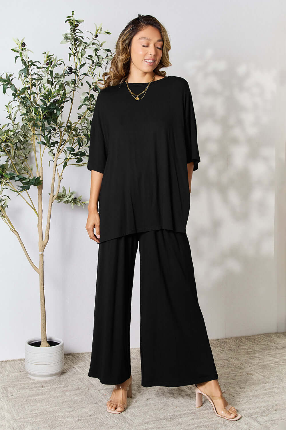 DOUBLE TAKE Full Size Round Neck Slit Top and Pants Set at Bella Road