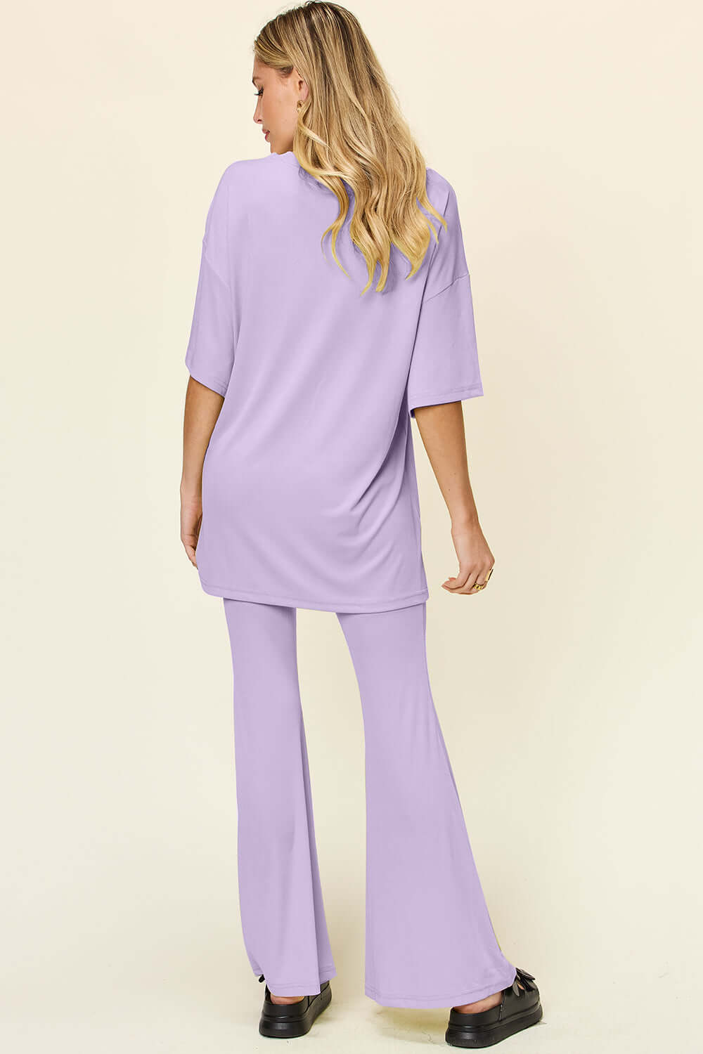 DOUBLE TAKE Full Size Round Neck Drop Shoulder T-Shirt and Flare Pants Set at Bella Road