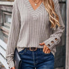 Ribbed V-Neck Long Sleeve T-Shirt - Mocha