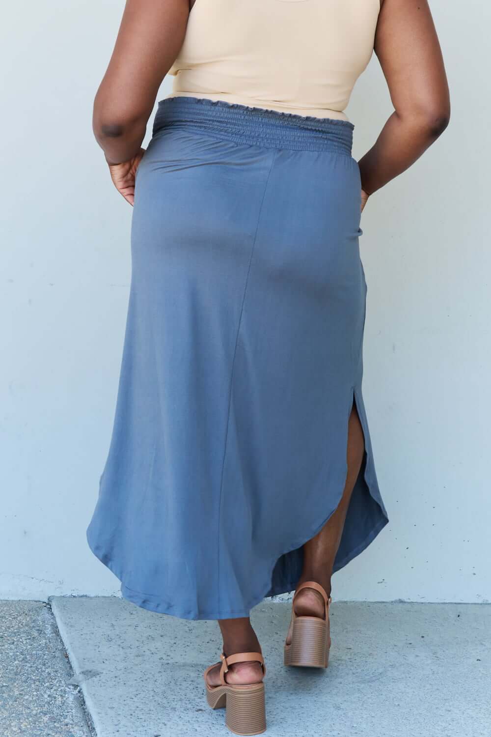 DOUBLJU Comfort Princess Full Size High Waist Scoop Hem Maxi Skirt in Dusty Blue at Bella Road