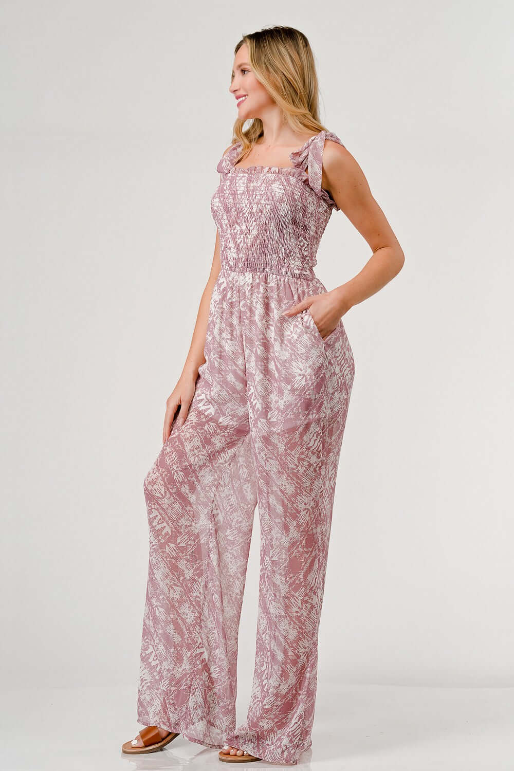 GEEGEE Printed Tie Shoulder Wide Leg Jumpsuit at Bella Road