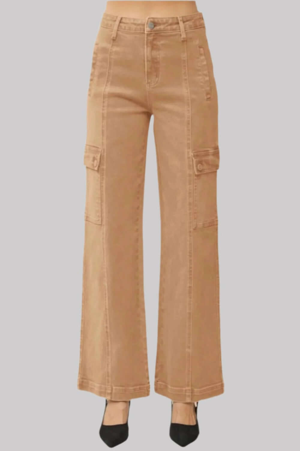 Risen high rise wide leg cargo jeans in tan, featuring stylish cargo pockets and a modern silhouette perfect for casual outings.