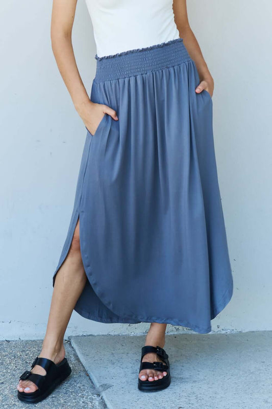DOUBLJU Comfort Princess Full Size High Waist Scoop Hem Maxi Skirt in Dusty Blue at Bella Road
