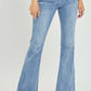 High Rise Frayed Hem Flare Jeans by Risen Jeans, front view showcasing trendy flare leg and frayed hem, perfect for a retro-inspired look.