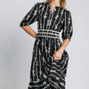 Umgee Bow Tie Print Notched Contrast Velvet Trim Midi Dress - Black