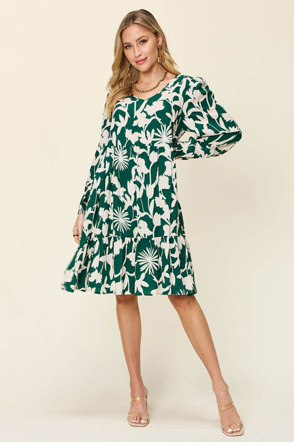 DOUBLE TAKE Full Size Printed Ruffle Hem Long Sleeve Dress at Bella Road