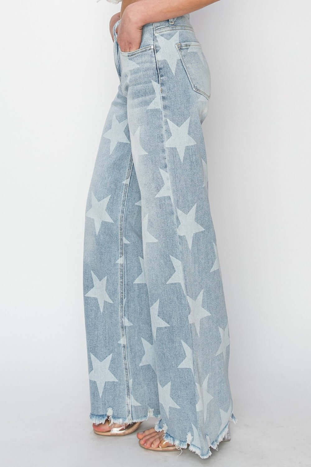 Risen Jeans Full Size Raw Hem Star Wide Leg Jeans with whimsical star embellishments and casual, edgy raw hem details.