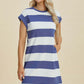 Woman wearing Basic Bae Full Size Striped Round Neck Cap Sleeve Mini Dress in blue and white, perfect for stylish and comfortable all-day wear