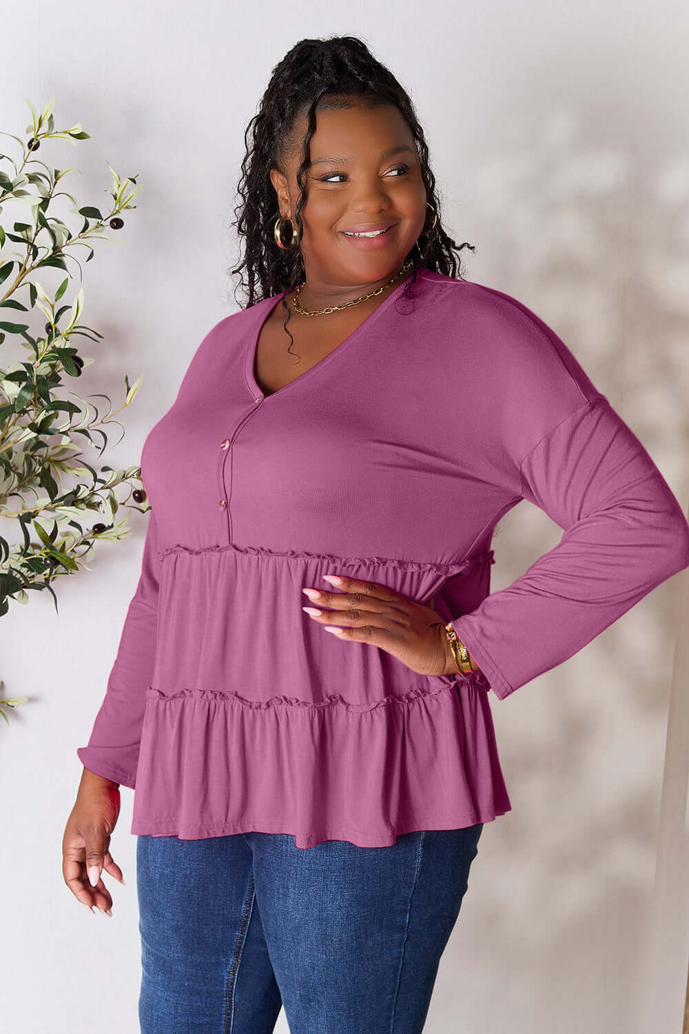 DOUBLE TAKE Half Button Long Sleeve Ruffle Hem Blouse at Bella Road