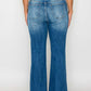 back view of bytos Full Size Distressed High Rise Jeans showcasing flared legs and pockets for a trendy look