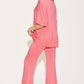 Pink Bamboo Drop Shoulder T-Shirt and Flare Pants Set with Stretchy Material in Two-Piece Basic Style