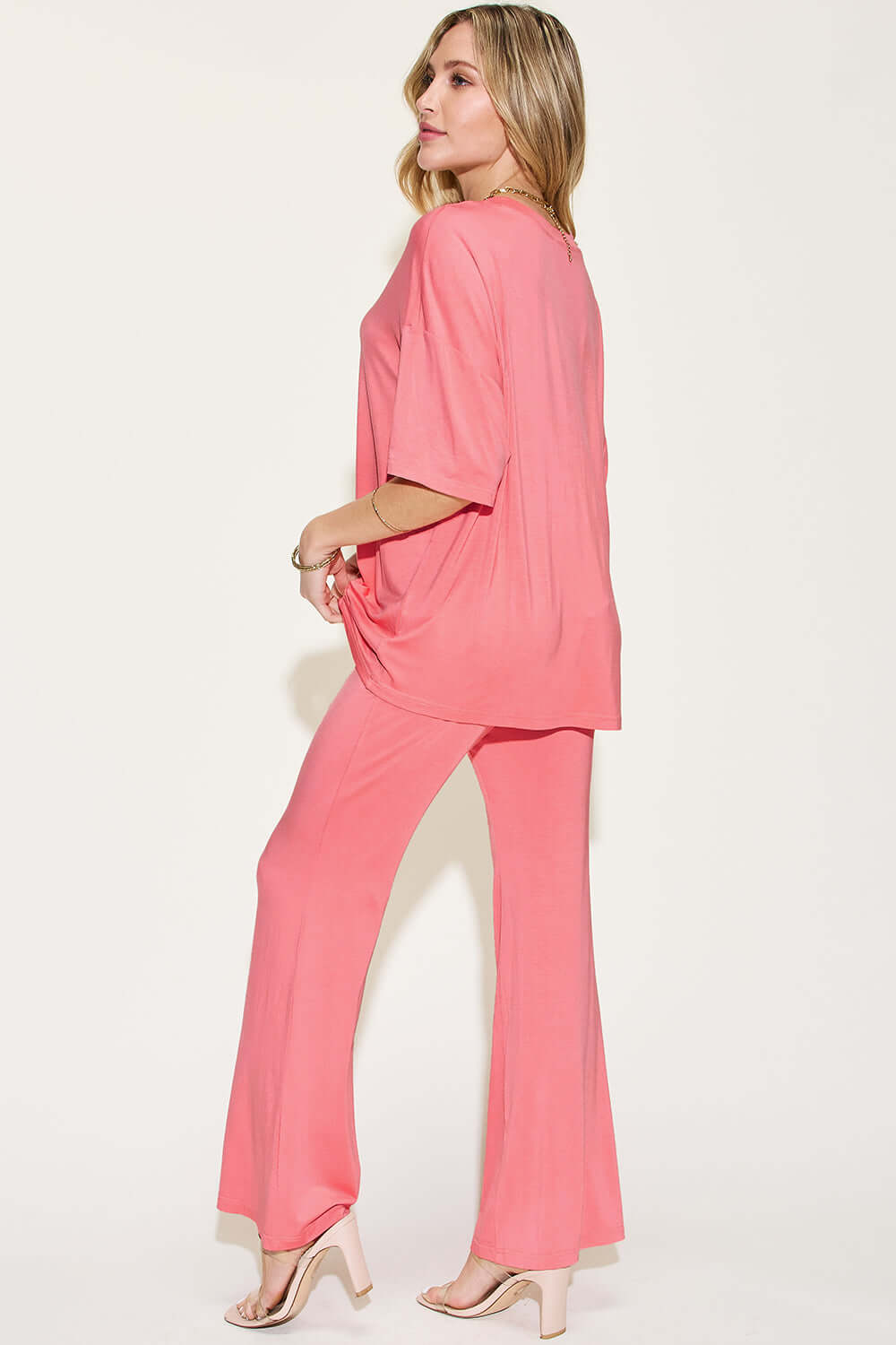 Pink Bamboo Drop Shoulder T-Shirt and Flare Pants Set with Stretchy Material in Two-Piece Basic Style